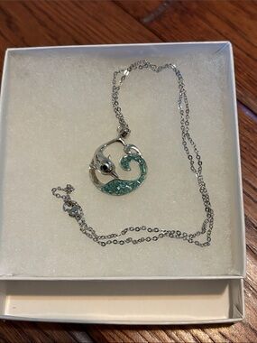 Sterling Silver Dolphin with Teal Wave Pendant Necklace with 17” chain